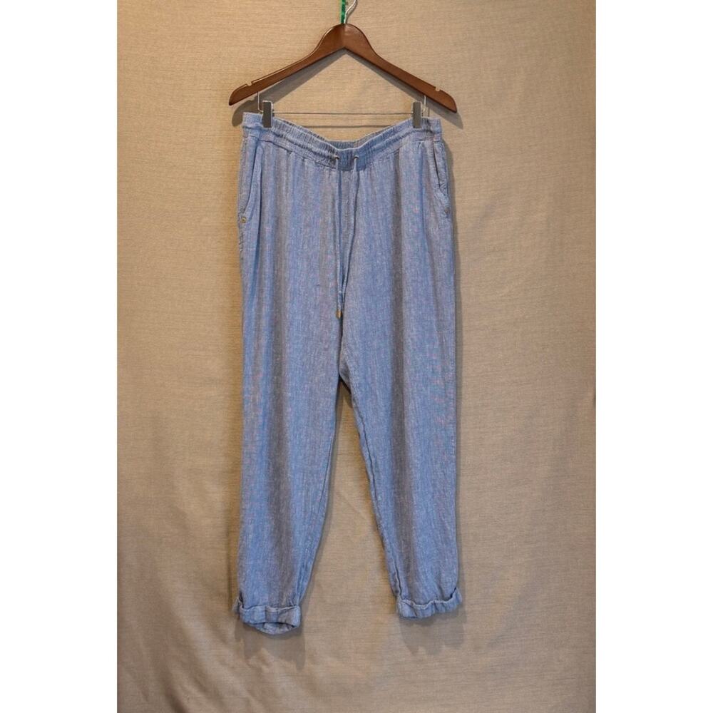 Linen Blend Pull-On Pants Elastic Waist Blue Women’s L Coastal Comfort